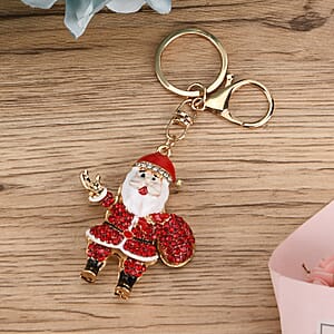 Red and White Austrian Crystal, Enameled Santa Claus Keychain in Goldtone