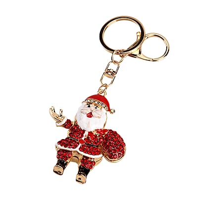 Red and White Austrian Crystal, Enameled Santa Claus Keychain in Goldtone