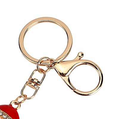 Red and White Austrian Crystal, Enameled Santa Claus Keychain in Goldtone