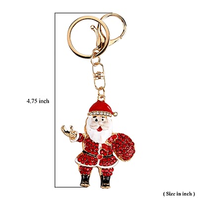 Red and White Austrian Crystal, Enameled Santa Claus Keychain in Goldtone
