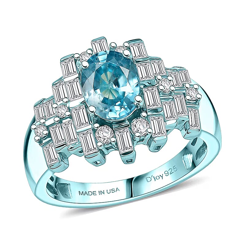D'Joy Cambodian Blue Zircon, Moissanite Deco Mirage Ring in Blue E-coat Sterling Silver 3.00 ctw (Size 10.0)