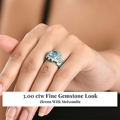 D'Joy Cambodian Blue Zircon, Moissanite Deco Mirage Ring in Blue E-coat Sterling Silver 3.00 ctw (Size 10.0)