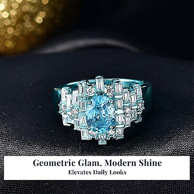 D'Joy Cambodian Blue Zircon, Moissanite Deco Mirage Ring in Blue E-coat Sterling Silver 3.00 ctw (Size 10.0)