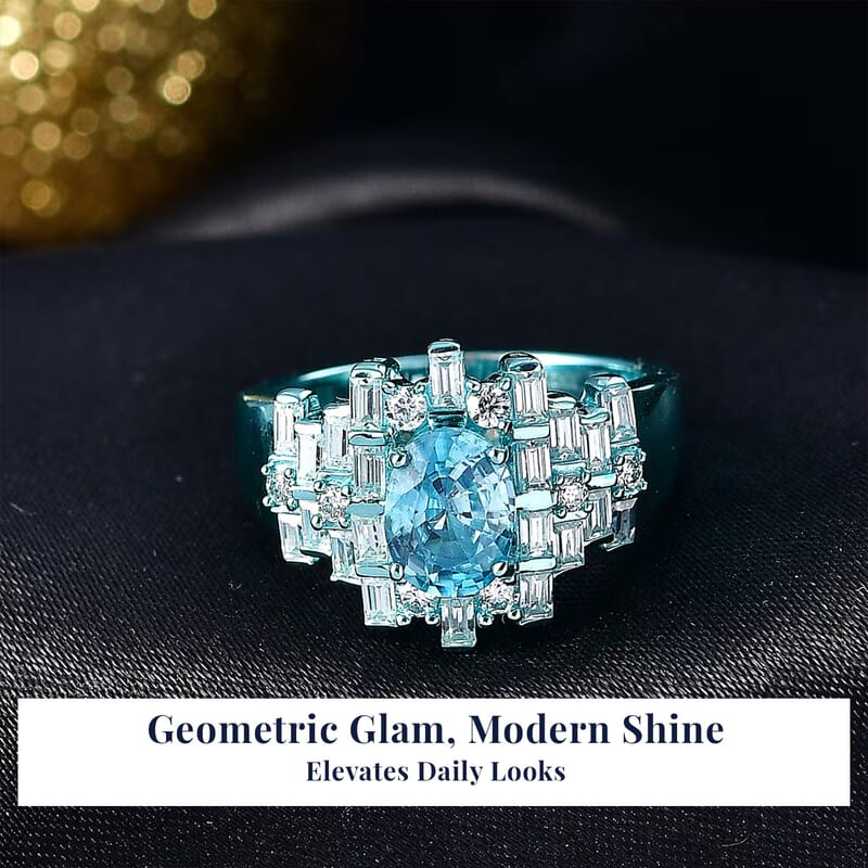 D'Joy Cambodian Blue Zircon, Moissanite Deco Mirage Ring in Blue E-coat Sterling Silver 3.00 ctw (Size 10.0)