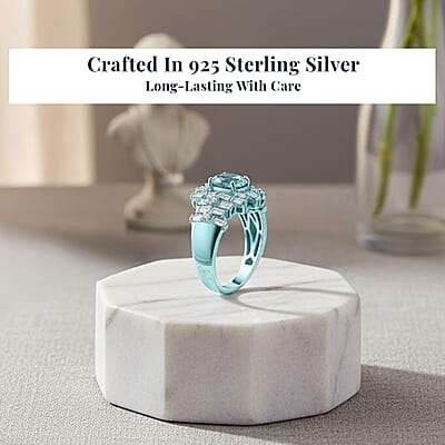 D'Joy Cambodian Blue Zircon, Moissanite Deco Mirage Ring in Blue E-coat Sterling Silver 3.00 ctw (Size 10.0)