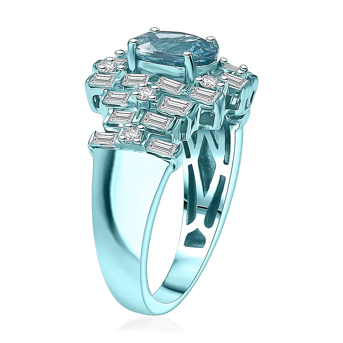 D'Joy Cambodian Blue Zircon, Moissanite Deco Mirage Ring in Blue E-coat Sterling Silver 3.00 ctw (Size 10.0) image number 7