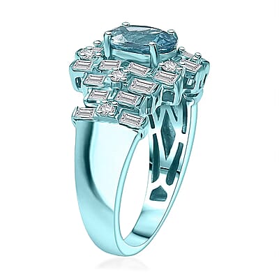 D'Joy Cambodian Blue Zircon, Moissanite Deco Mirage Ring in Blue E-coat Sterling Silver 3.00 ctw (Size 10.0)