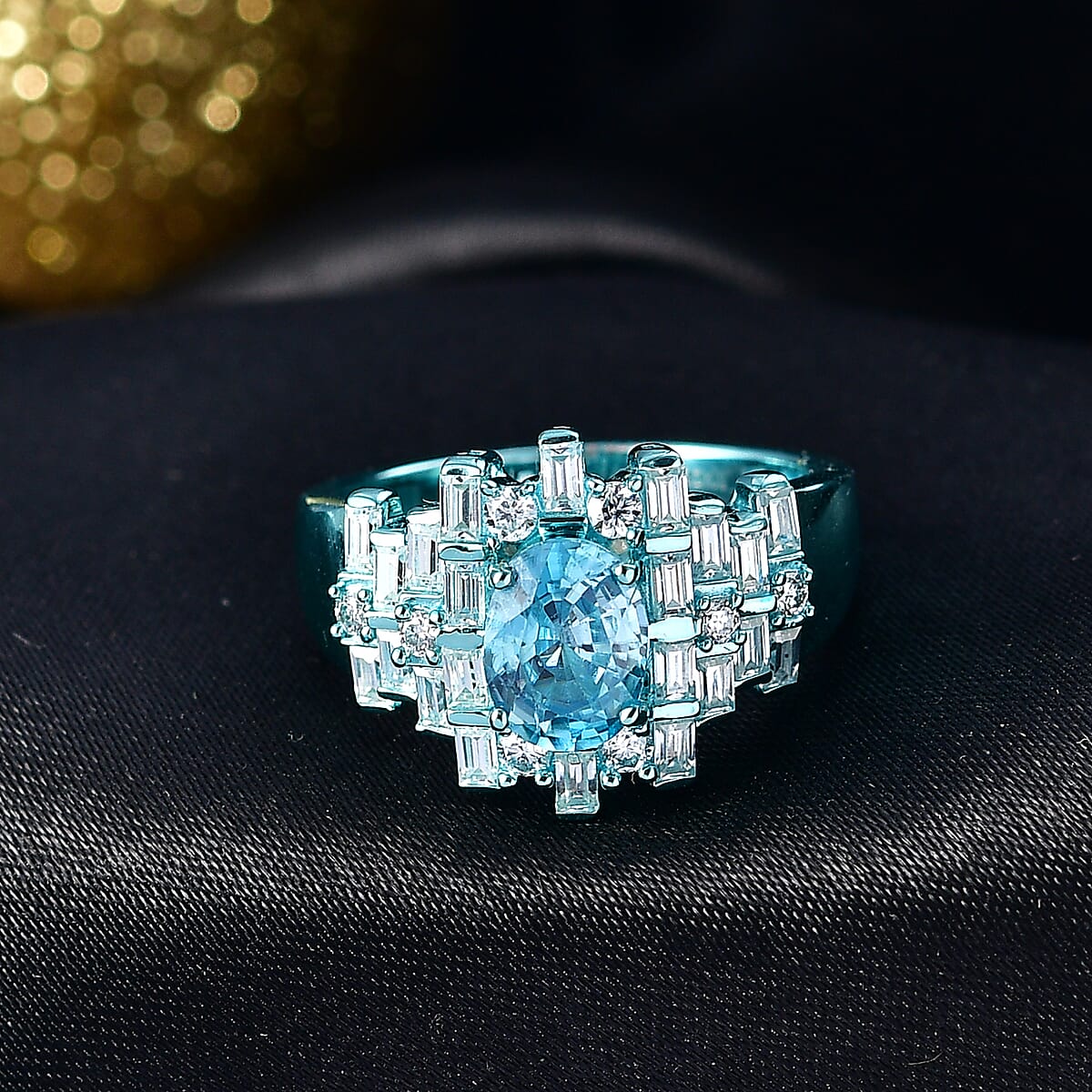 D'Joy Premium Cambodian Blue Zircon and Moissanite 3.00 ctw Deco Mirage Ring in Blue E-coat Sterling Silver (Size 6.0) image number 1