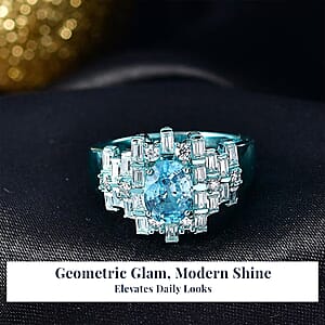 D'Joy Cambodian Blue Zircon, Moissanite Deco Mirage Ring in Blue E-coat Sterling Silver 3.00 ctw (Size 9.0)
