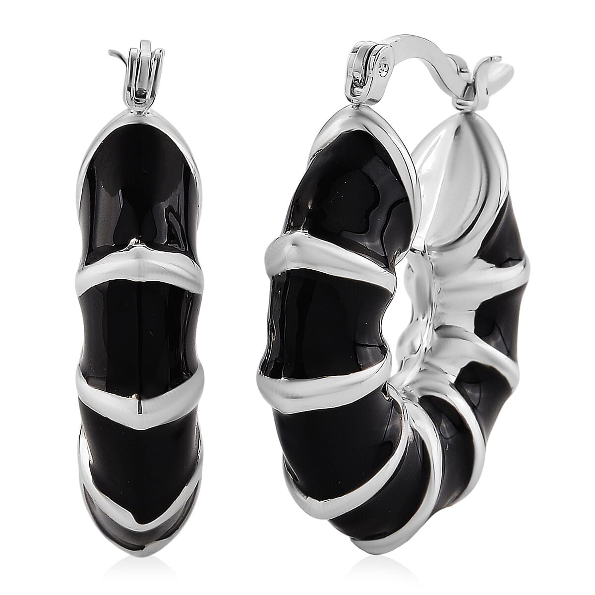 Black Enameled Hoop Earrings in Stainless Steel
