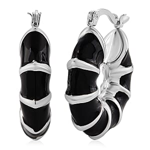 Black Enameled Hoop Earrings in Stainless Steel