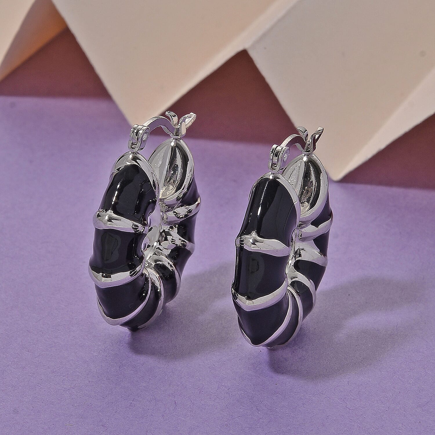 Black Enameled Hoop Earrings in Stainless Steel