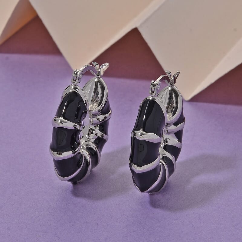 Black Enameled Hoop Earrings in Stainless Steel
