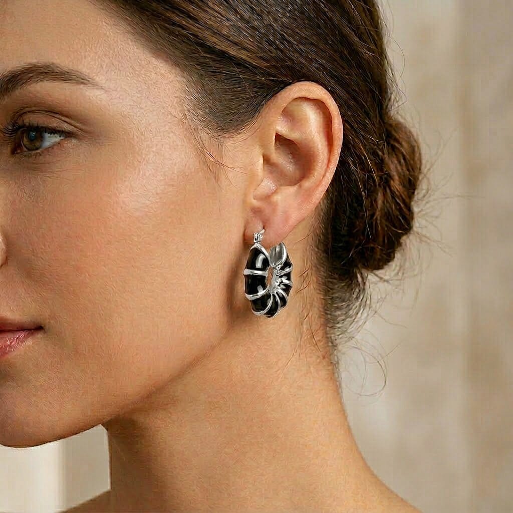 Black Enameled Hoop Earrings in Stainless Steel