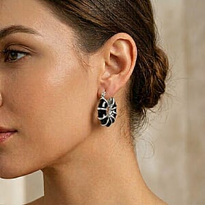 Black Enameled Hoop Earrings in Stainless Steel