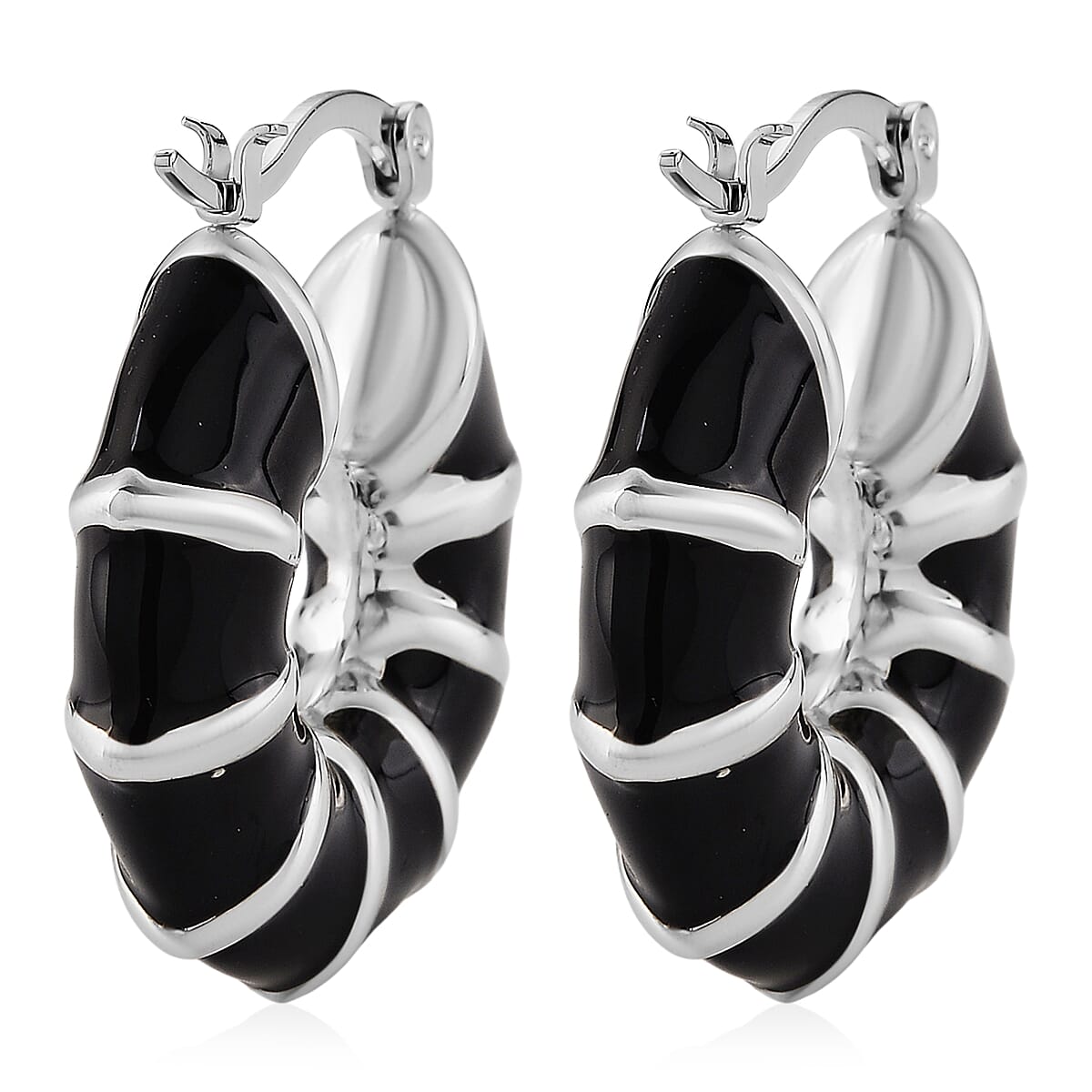 Black Enameled Hoop Earrings in Stainless Steel