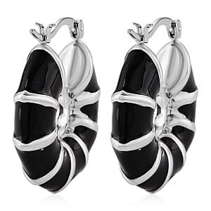 Black Enameled Hoop Earrings in Stainless Steel