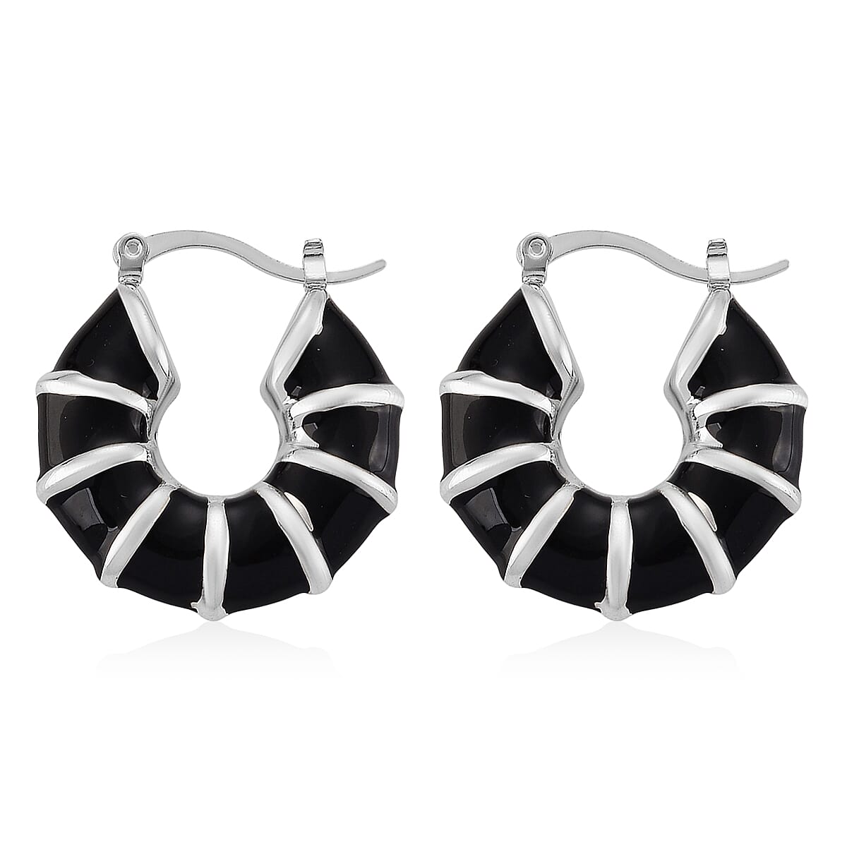 Black Enameled Hoop Earrings in Stainless Steel