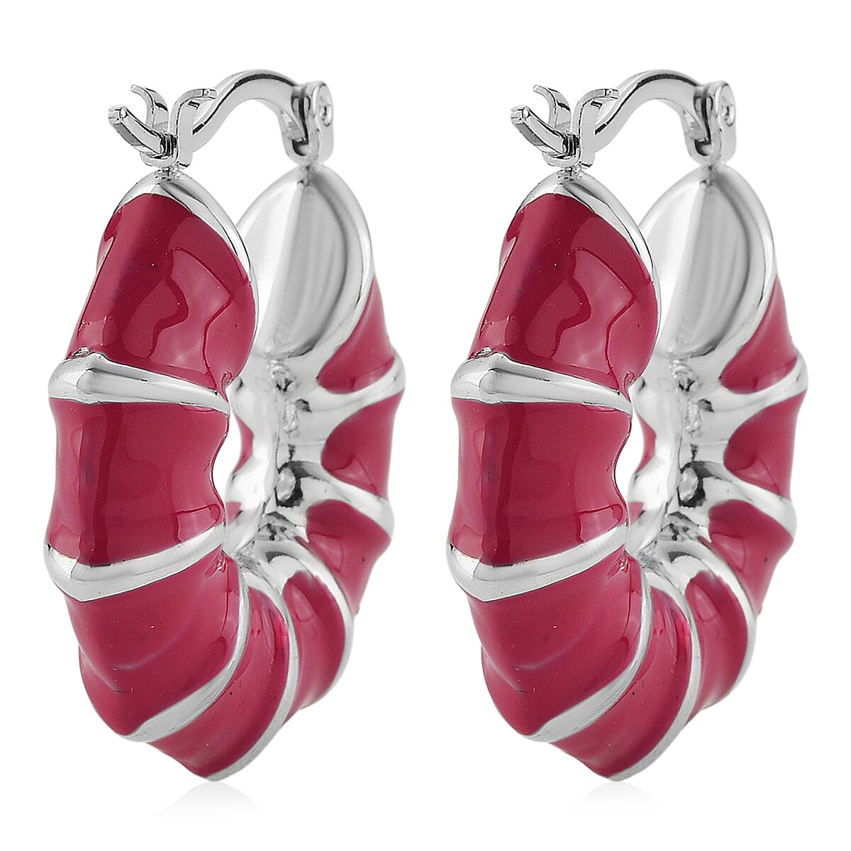 Pink Enameled Hoop Earrings in Stainless Steel image number 3