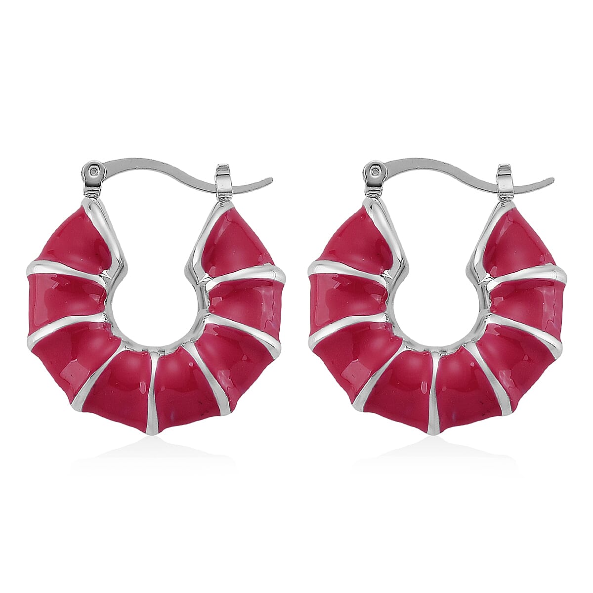 Pink Enameled Hoop Earrings in Stainless Steel image number 4