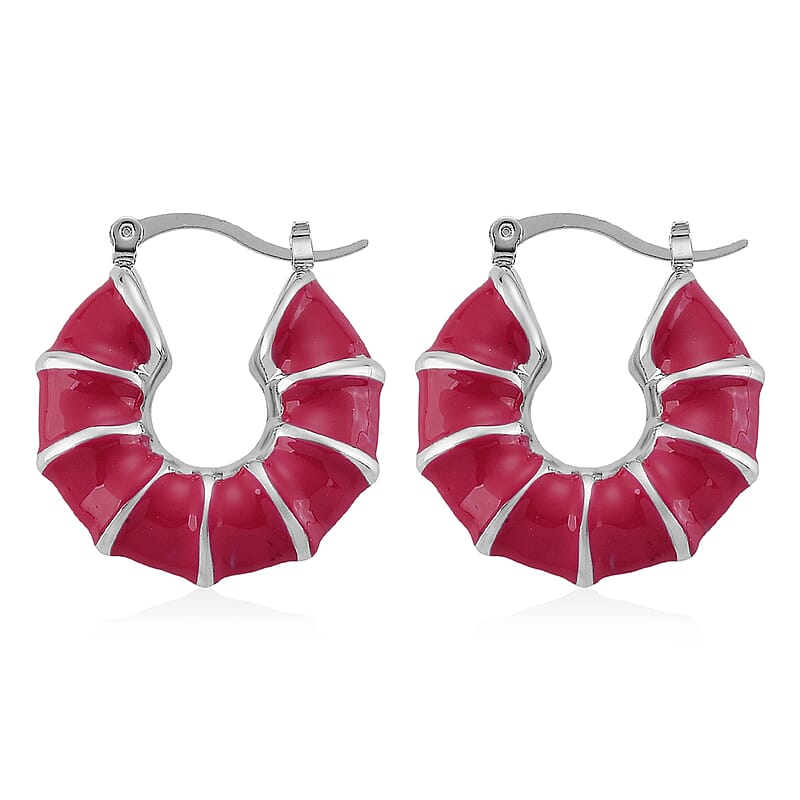 Pink Enameled Hoop Earrings in Stainless Steel