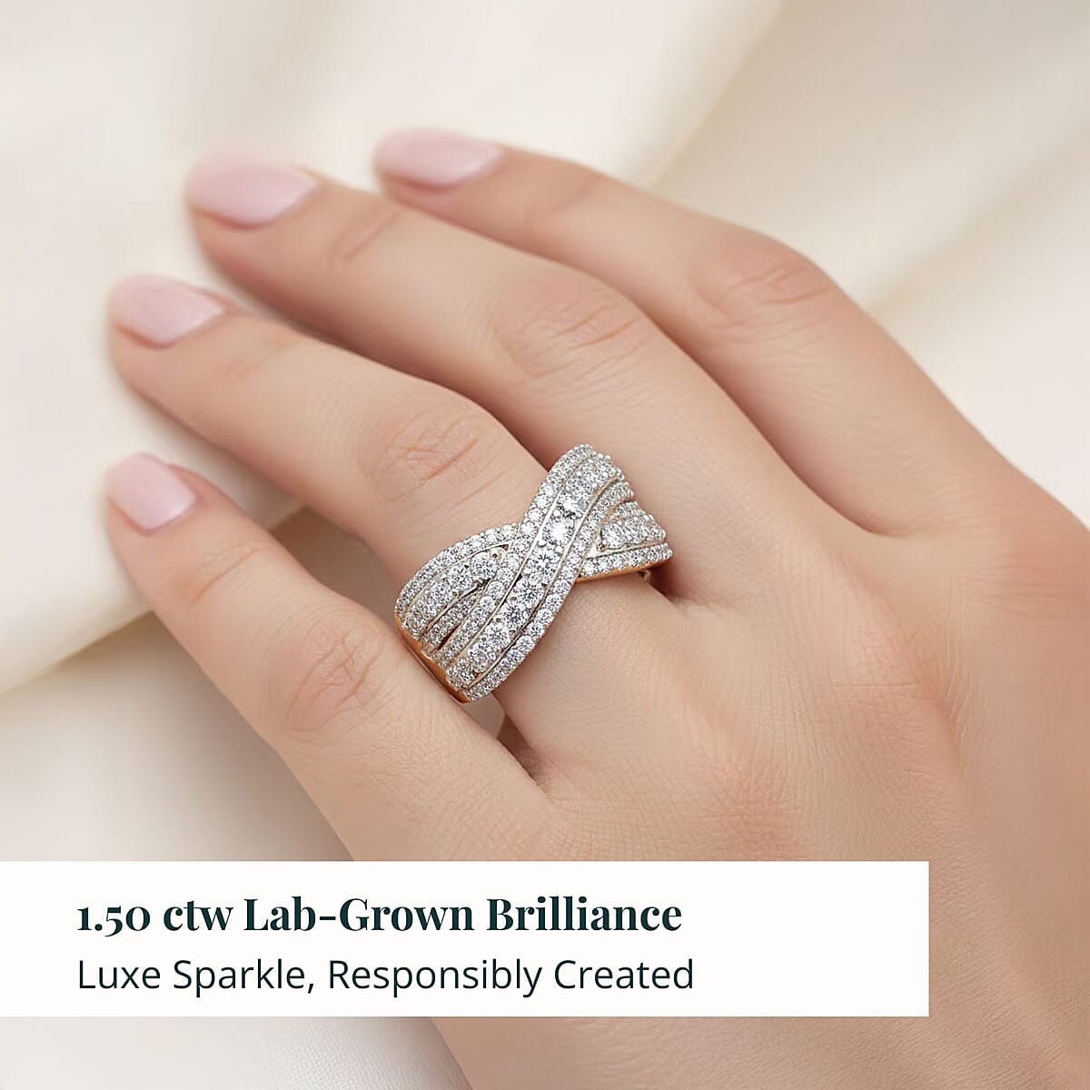 Luxuriant Lab Grown Diamond (G VS 6.0) 1.50 ctw Interlace Criss-Cross Ring in 14K Yellow Gold Over Sterling Silver (Size 6.0) image number 1