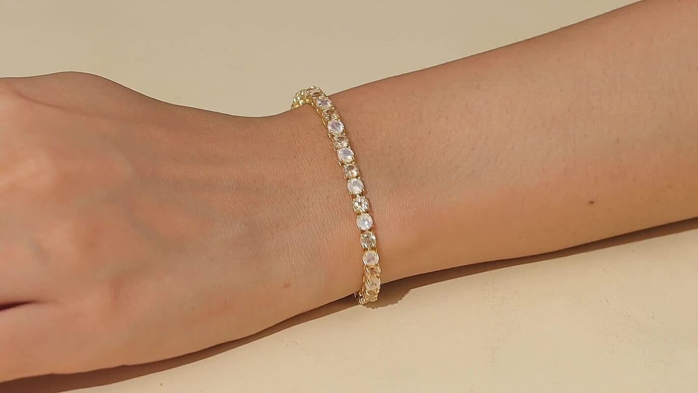 D'Joy Imperial Garnet, Rainbow Moonstone Sunfire Glow Bracelet in 18K Vermeil YG Over Sterling Silver (6.50 In)