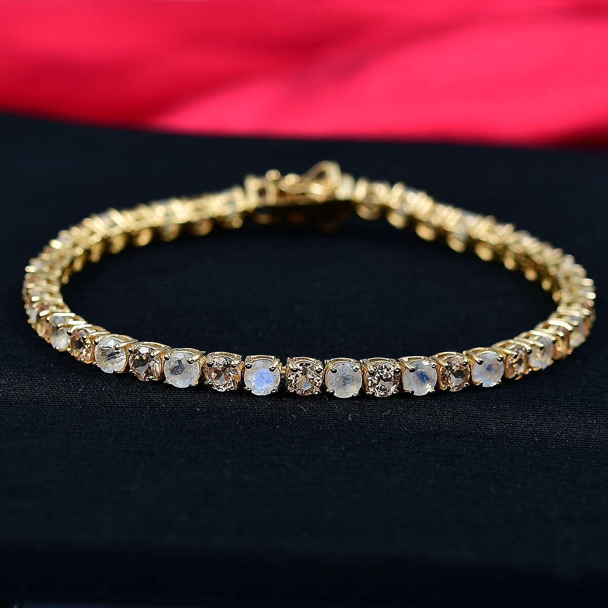 D'Joy Imperial Garnet and Rainbow Moonstone 12.00 ctw Sunfire Glow Bracelet in 18K Vermeil Yellow Gold Over Sterling Silver (7.25 In) image number 1