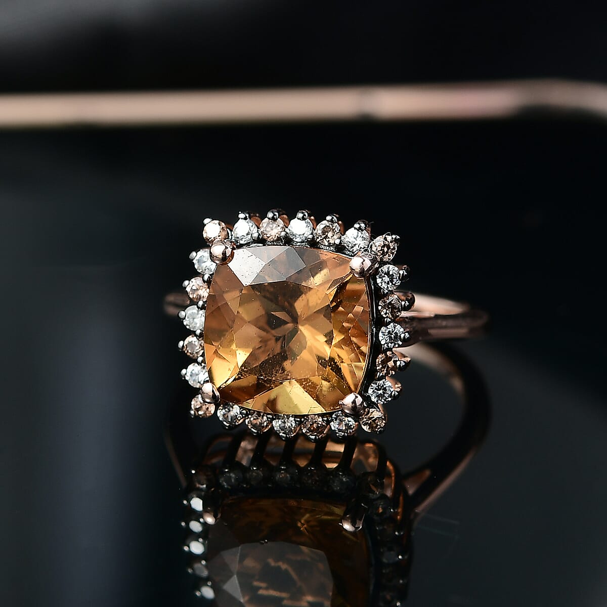 D'Joy Premium Marialite, White and Champagne Zircon 4.40 ctw Art Deco Halo Ring in 18K Vermeil Rose Gold Over Sterling Silver (Size 8.0) image number 1