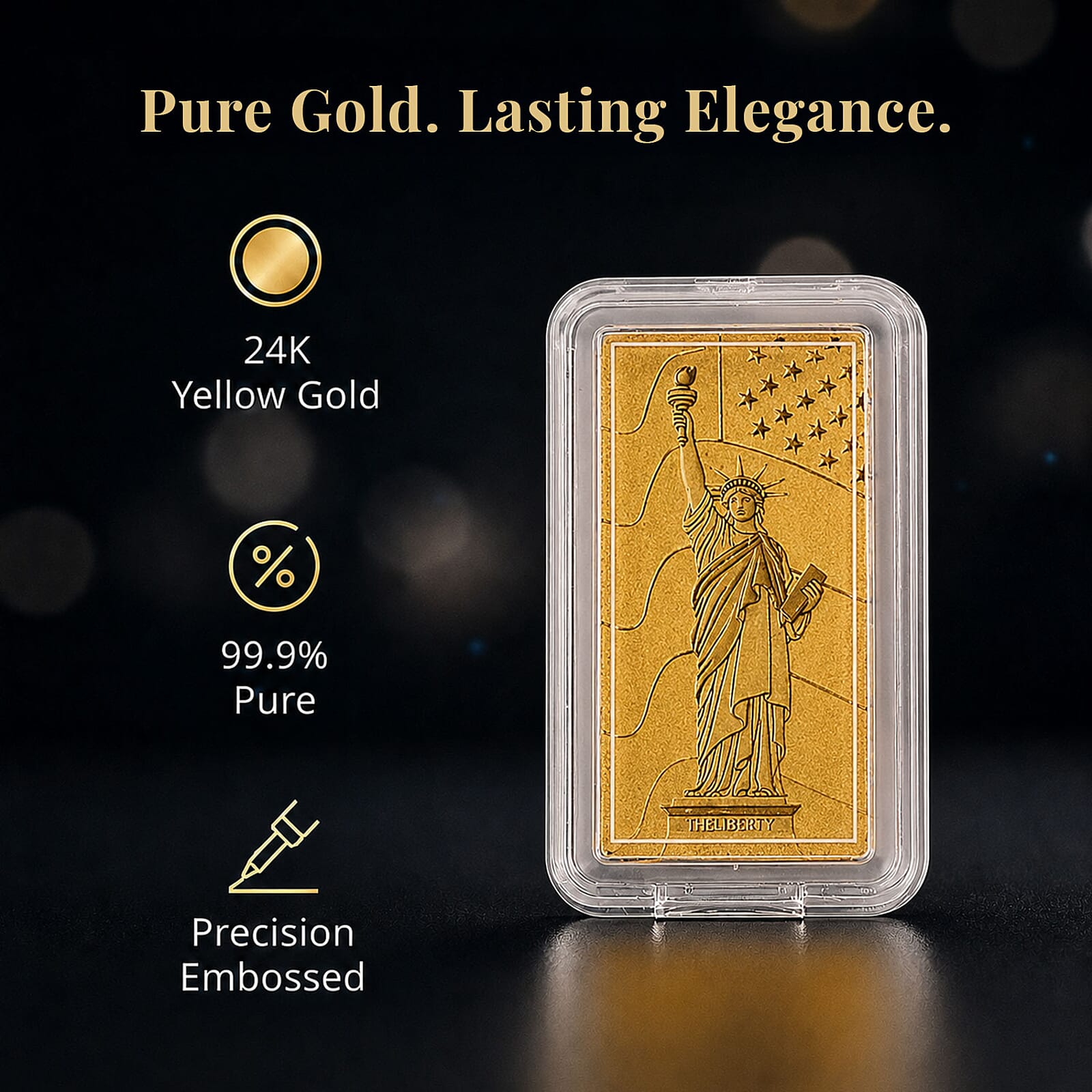 24K Yellow Gold 3D Statue of Liberty Emboss Bar (10x20x0.23mm) 1gram