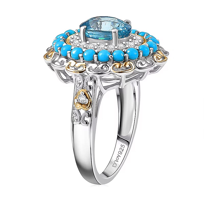 D'Joy AAA Cambodian Blue Zircon and Multi Gemstone 3.60 ctw Oceanfire Royale Ring in 18K Vermeil YG and Rhodium Over Sterling Silver (Size 10.0)