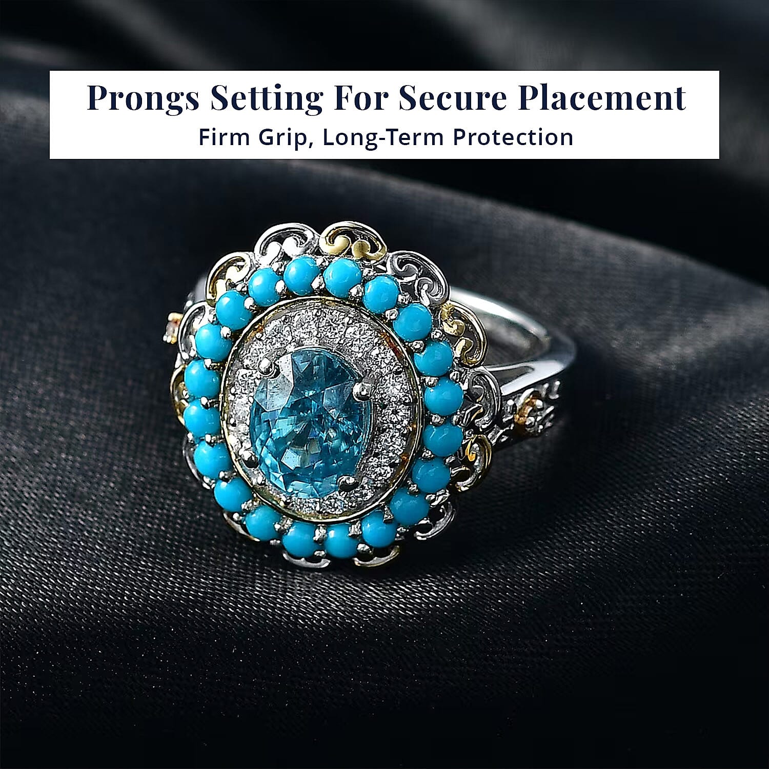 D'Joy AAA Cambodian Blue Zircon and Multi Gemstone 3.60 ctw Oceanfire Royale Ring in 18K Vermeil YG and Rhodium Over Sterling Silver (Size 6.0)