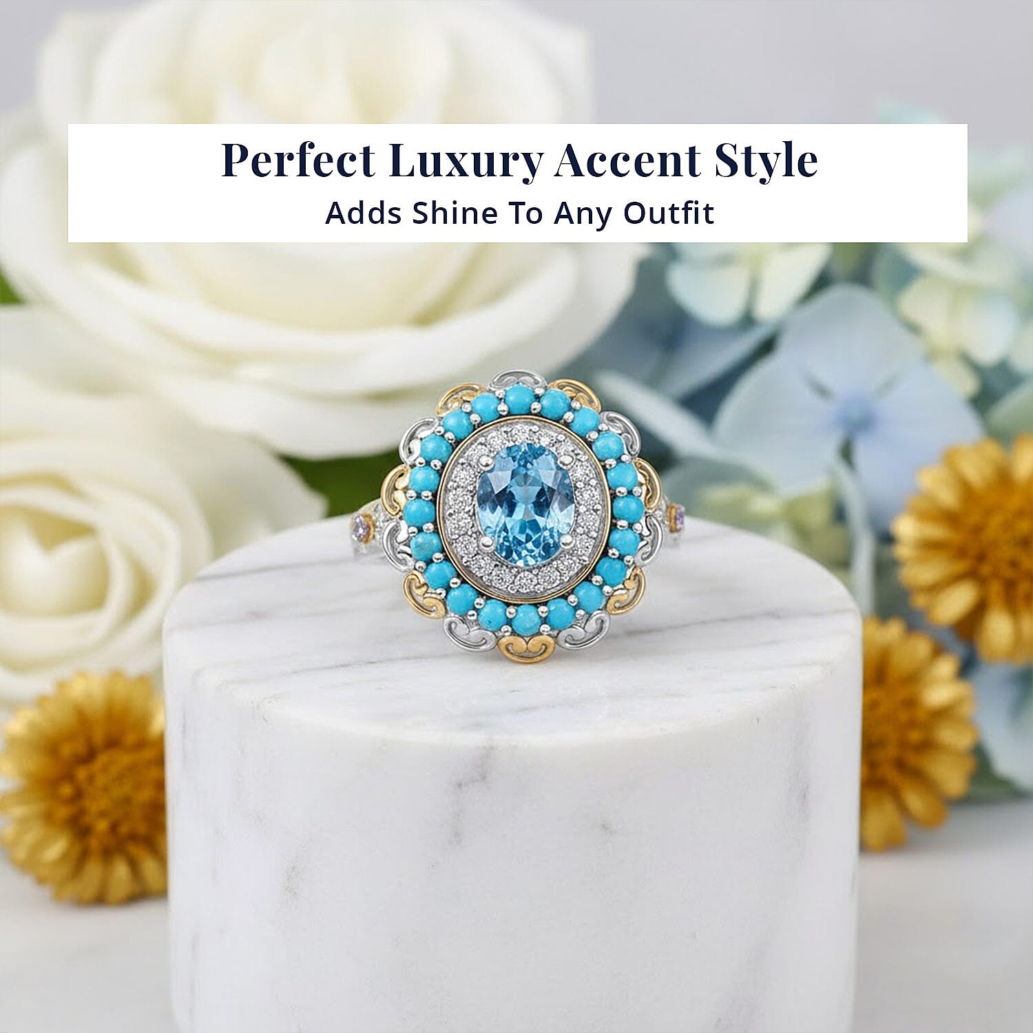 D'Joy AAA Cambodian Blue Zircon and Multi Gemstone 3.60 ctw Oceanfire Royale Ring in 18K Vermeil YG and Rhodium Over Sterling Silver (Size 6.0)