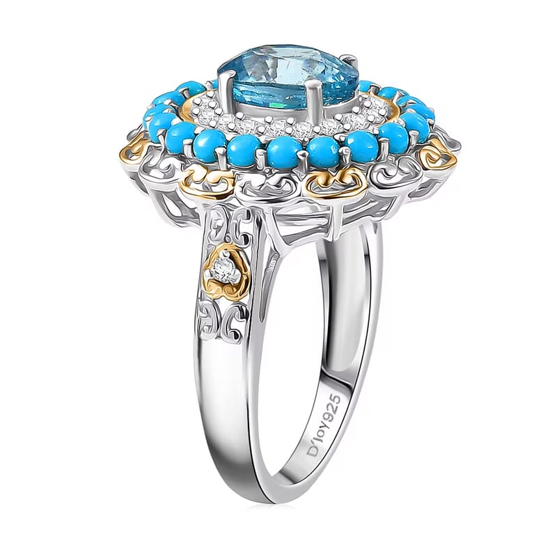 D'Joy AAA Cambodian Blue Zircon and Multi Gemstone 3.60 ctw Oceanfire Royale Ring in 18K Vermeil YG and Rhodium Over Sterling Silver (Size 6.0)