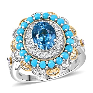D'Joy AAA Cambodian Blue Zircon and Multi Gemstone 3.60 ctw Ring in 18K Vermeil YG and Rhodium Over Sterling Silver (Size 7.0)