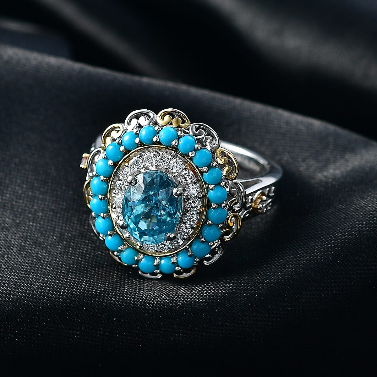 D'Joy AAA Cambodian Blue Zircon and Multi Gemstone 3.60 ctw Oceanfire Royale Ring in 18K Vermeil YG and Rhodium Over Sterling Silver (Size 7.0) image number 1