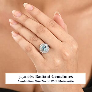 D'Joy AAA Cambodian Blue Zircon, Moissanite Azure Ring in Rhodium Over Sterling Silver 3.30 ctw (Size 10.0)