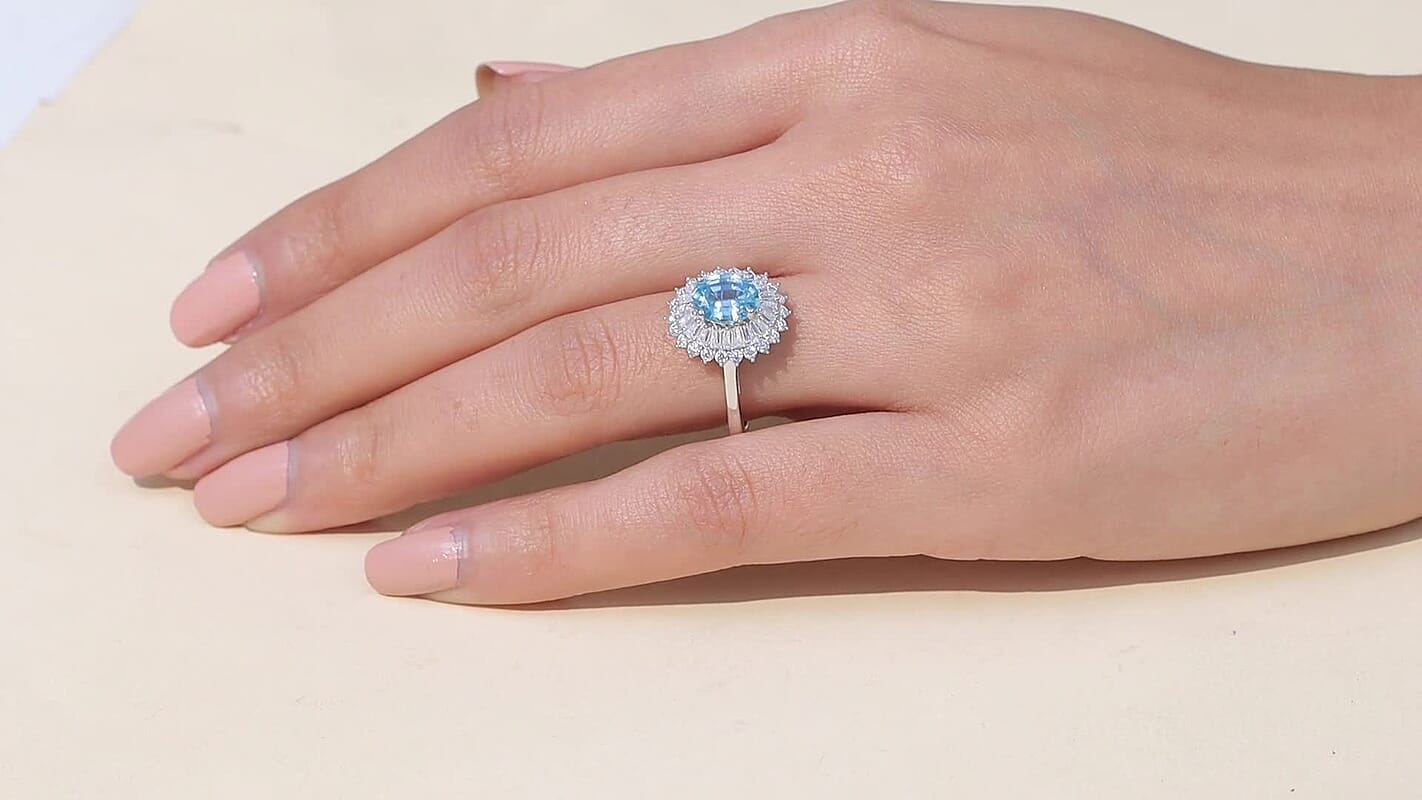 D'Joy AAA Cambodian Blue Zircon, Moissanite Ring in Rhodium Over Sterling Silver (Size 10.0) 3.30 ctw