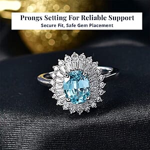 D'Joy AAA Cambodian Blue Zircon, Moissanite Azure Ring in Rhodium Over Sterling Silver 3.30 ctw (Size 7.0)