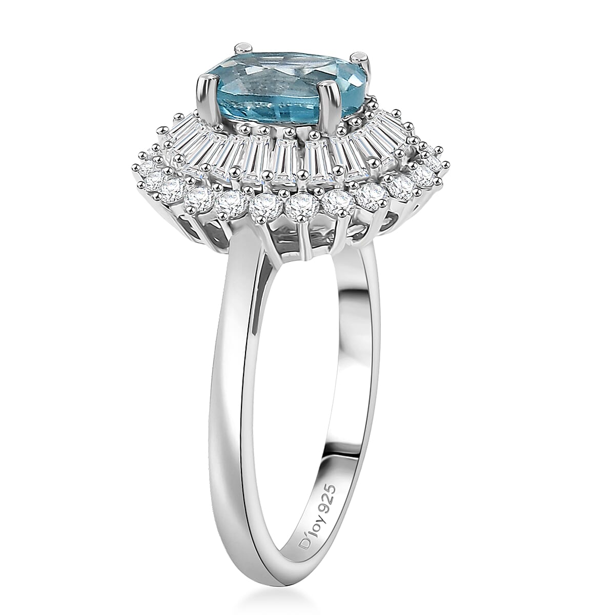 D'Joy AAA Cambodian Blue Zircon and Moissanite 3.30 ctw Azure Sunflare Ring in Rhodium Over Sterling Silver (Size 8.0) image number 3