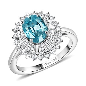 D'Joy AAA Cambodian Blue Zircon and Moissanite 3.30 ctw Azure Sunflare Ring in Rhodium Over Sterling Silver (Size 9.0)