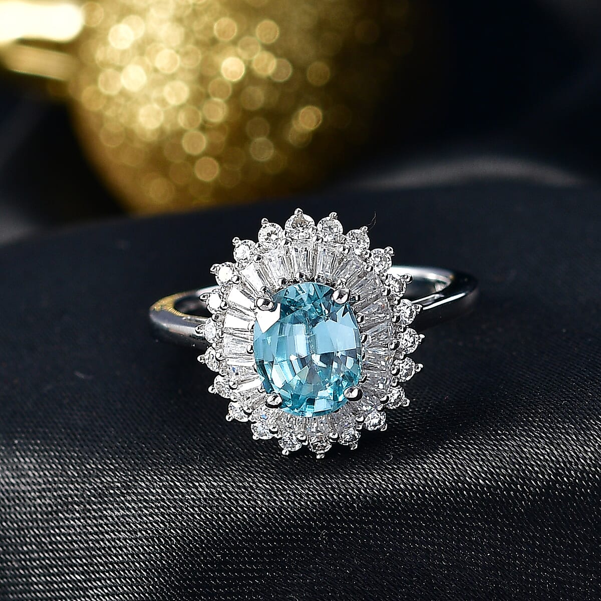 D'Joy AAA Cambodian Blue Zircon and Moissanite 3.30 ctw Azure Sunflare Ring in Rhodium Over Sterling Silver (Size 9.0) image number 1