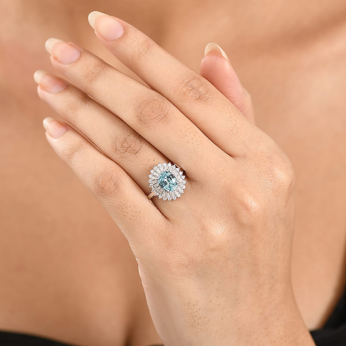 D'Joy AAA Cambodian Blue Zircon and Moissanite 3.30 ctw Azure Sunflare Ring in Rhodium Over Sterling Silver (Size 9.0) image number 2