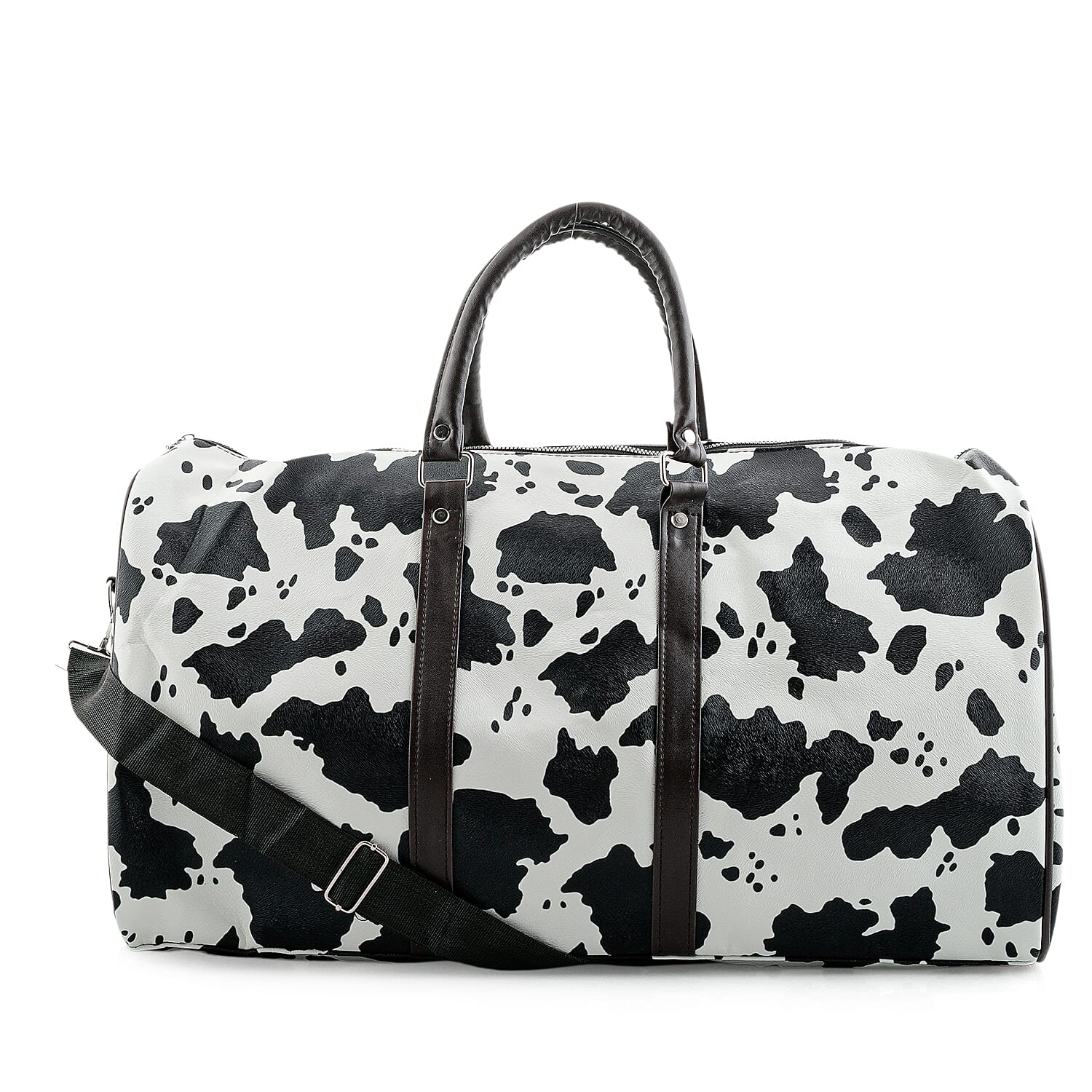 La Marey Black and White Cow Pattern Faux Leather Duffel Bag