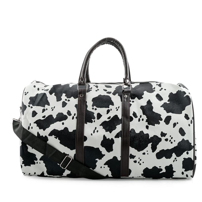 La Marey Black and White Cow Pattern Faux Leather Duffel Bag