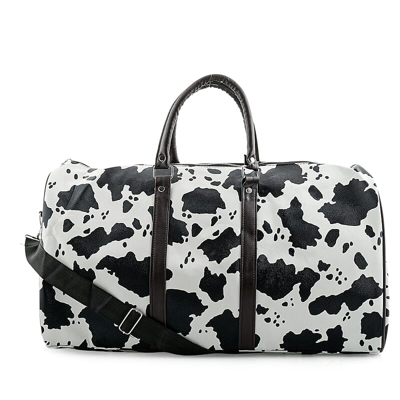 La Marey Black and White Cow Pattern Faux Leather Duffel Bag