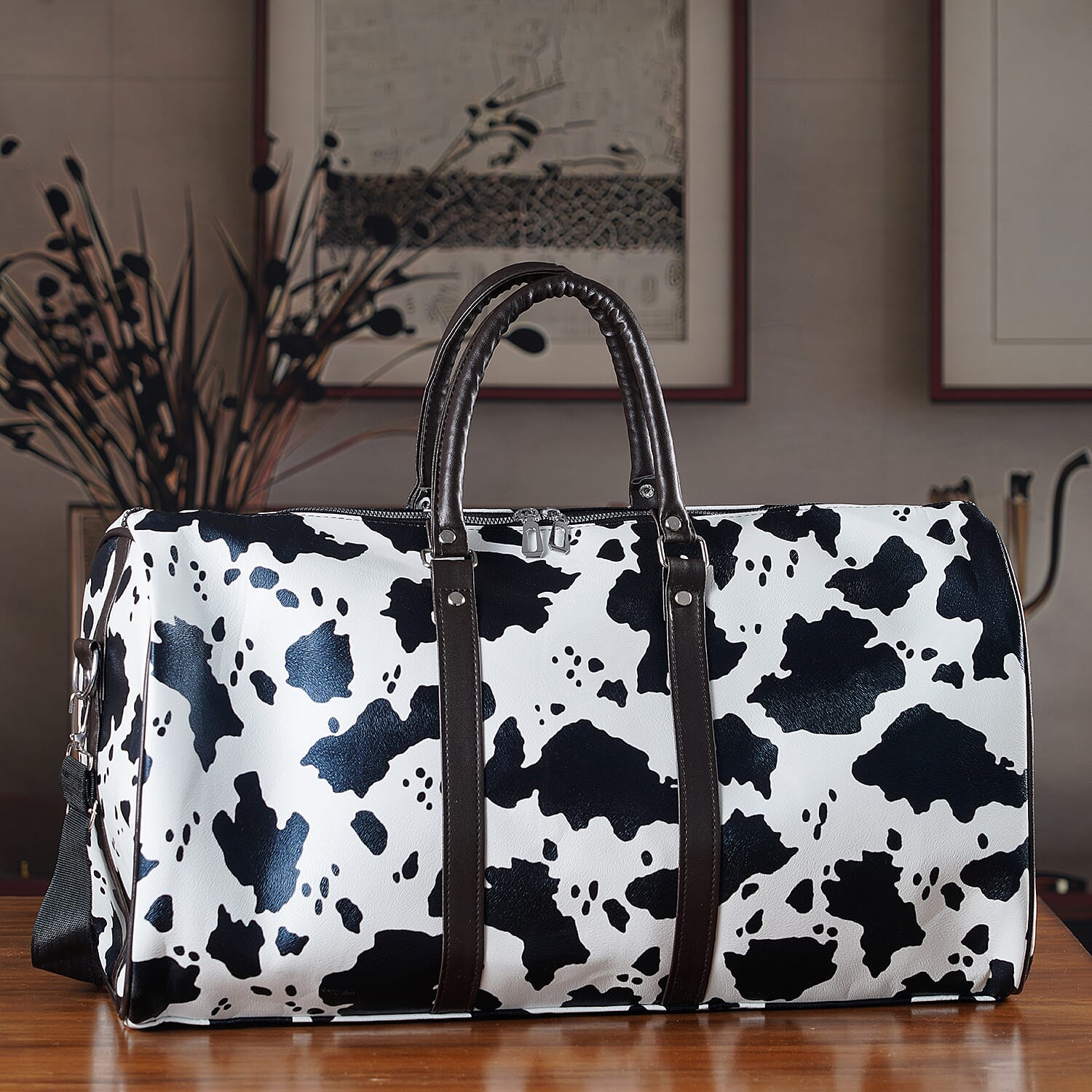 La Marey Black and White Cow Pattern Faux Leather Duffel Bag