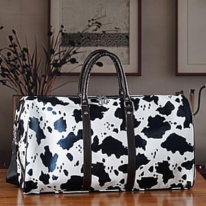 La Marey Black and White Cow Pattern Faux Leather Duffel Bag