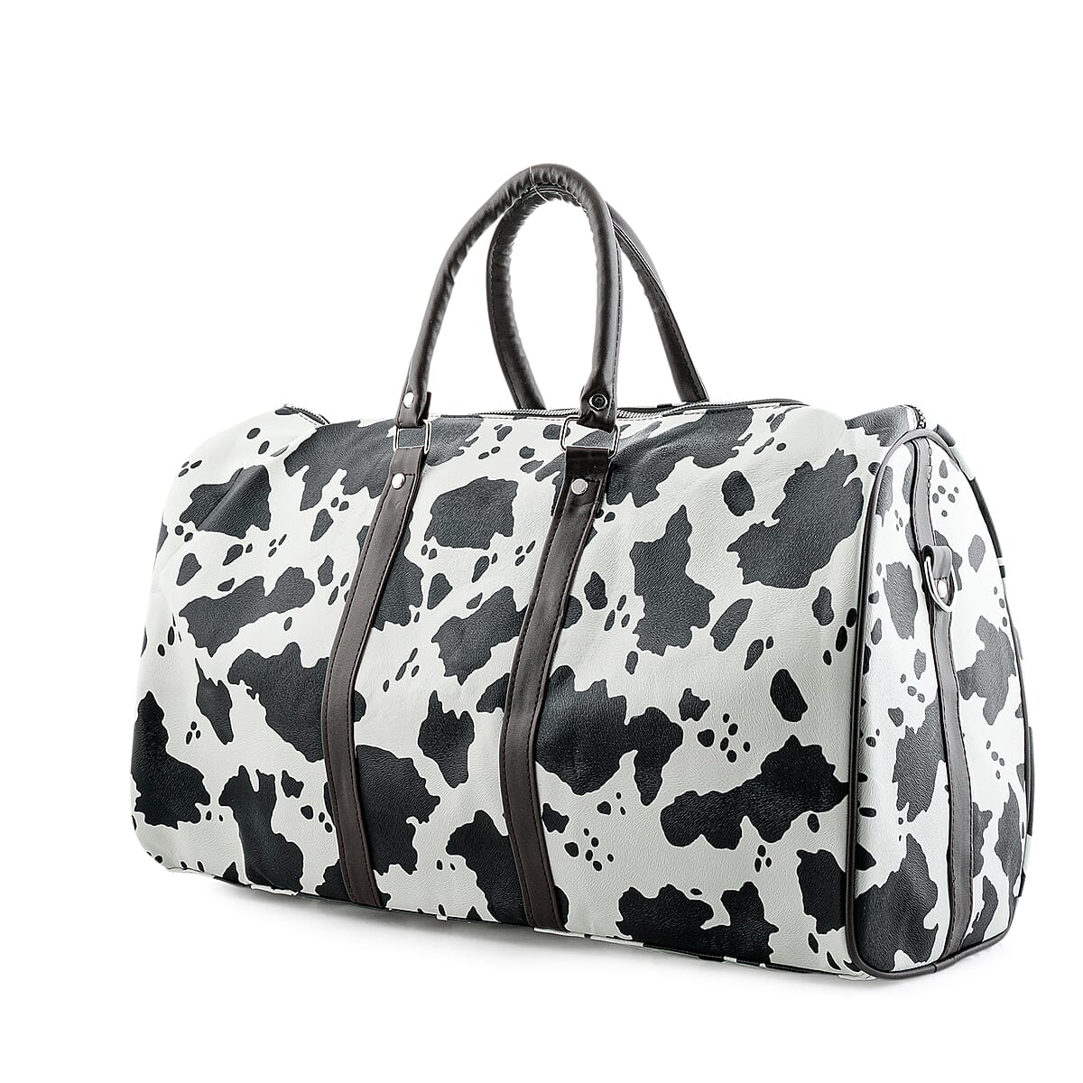 La Marey Black and White Cow Pattern Faux Leather Duffel Bag image number 2
