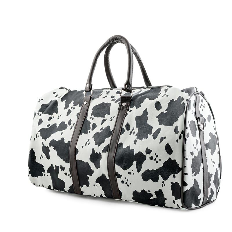 La Marey Black and White Cow Pattern Faux Leather Duffel Bag